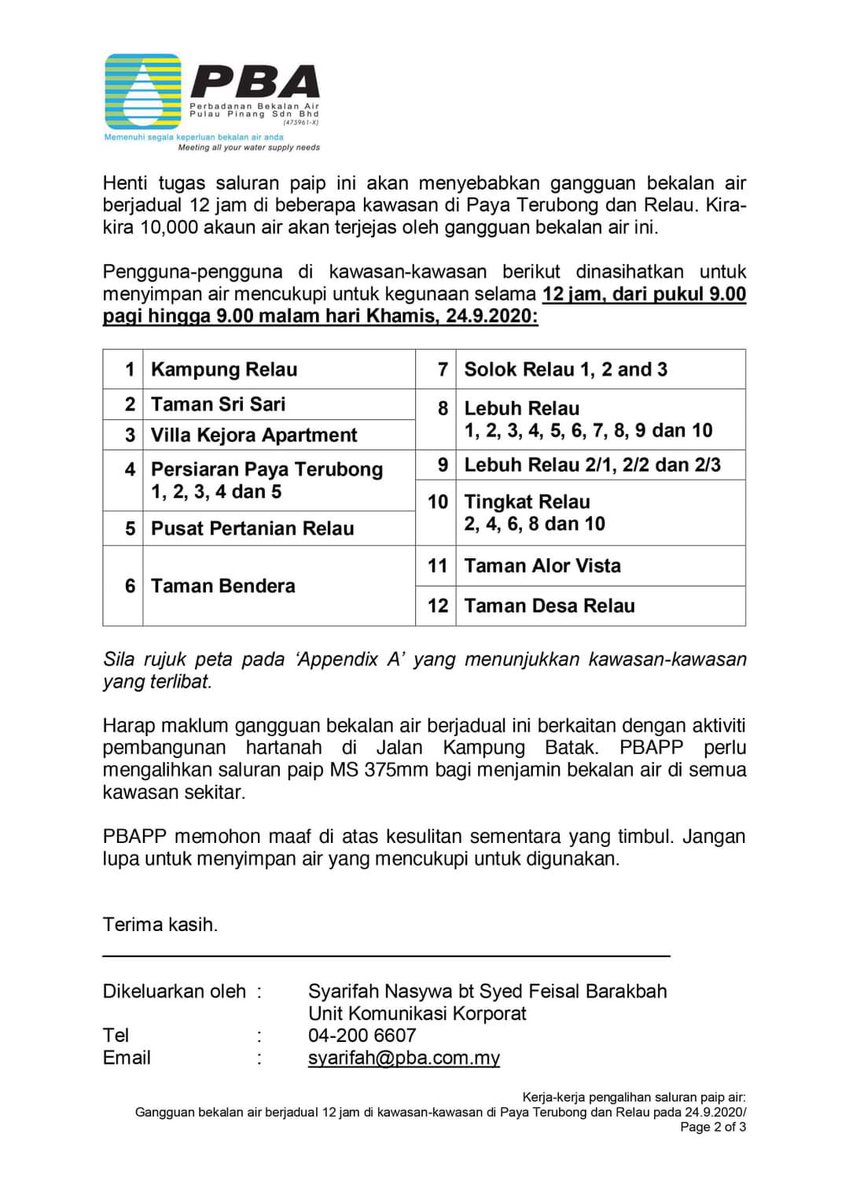 penang_kini's tweet photo. Kerja-kerja pengalihan saluran air paip :
Gangguan bekalan air berjadual 12 jam di kawasan #PayaTerubong #Relau
Pada 24.9.2020 https://t.co/OWGmExGlnb