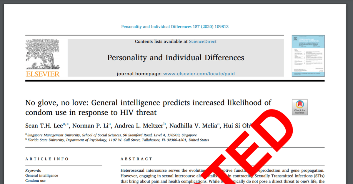 RetractionWatch's tweet photo. Journal retracts paper claiming smarter people are more likely to use a condom to avoid HIV https://t.co/EV7ZsTvVtt https://t.co/7PvBA1GUxg