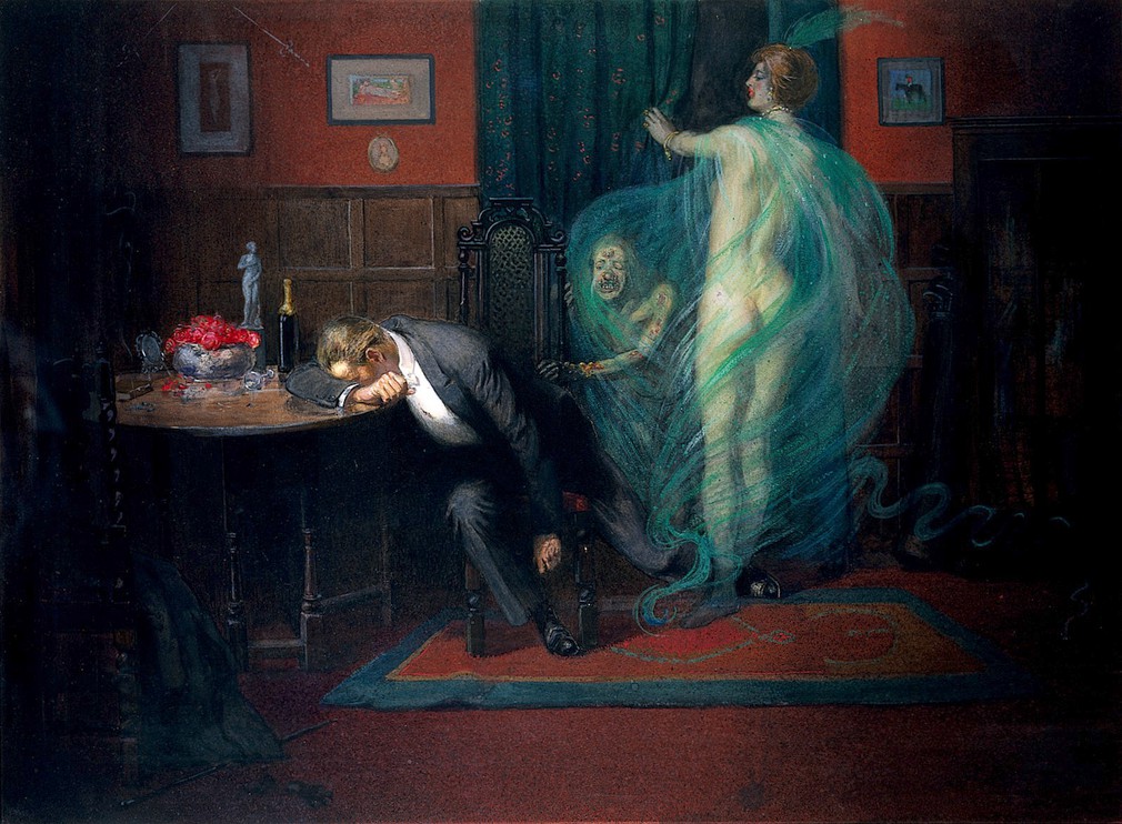 They also fell back on the tired old stereotypes of predatory female sexuality. See any similarities between "The easy girlfriend" and this 1912 painting by Richard Tennant Cooper? Image:  @ExploreWellcome  #histsex  #histSTM  #syphilis  #STIs