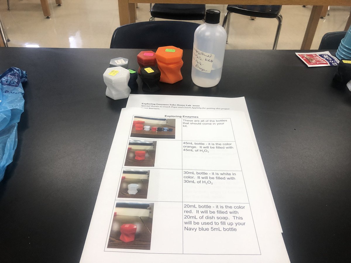 STEMHS_IdeaLab's tweet image. Big props to Coach Binkley for collaborating with our Innovation Lab to bring the @NIHFHS learners Science labs to their homes. Check out the “exploring enzymes” lab set for packet pickup today at 9am. 3D printed bottles, supplies, and a demo video. #distancelearning