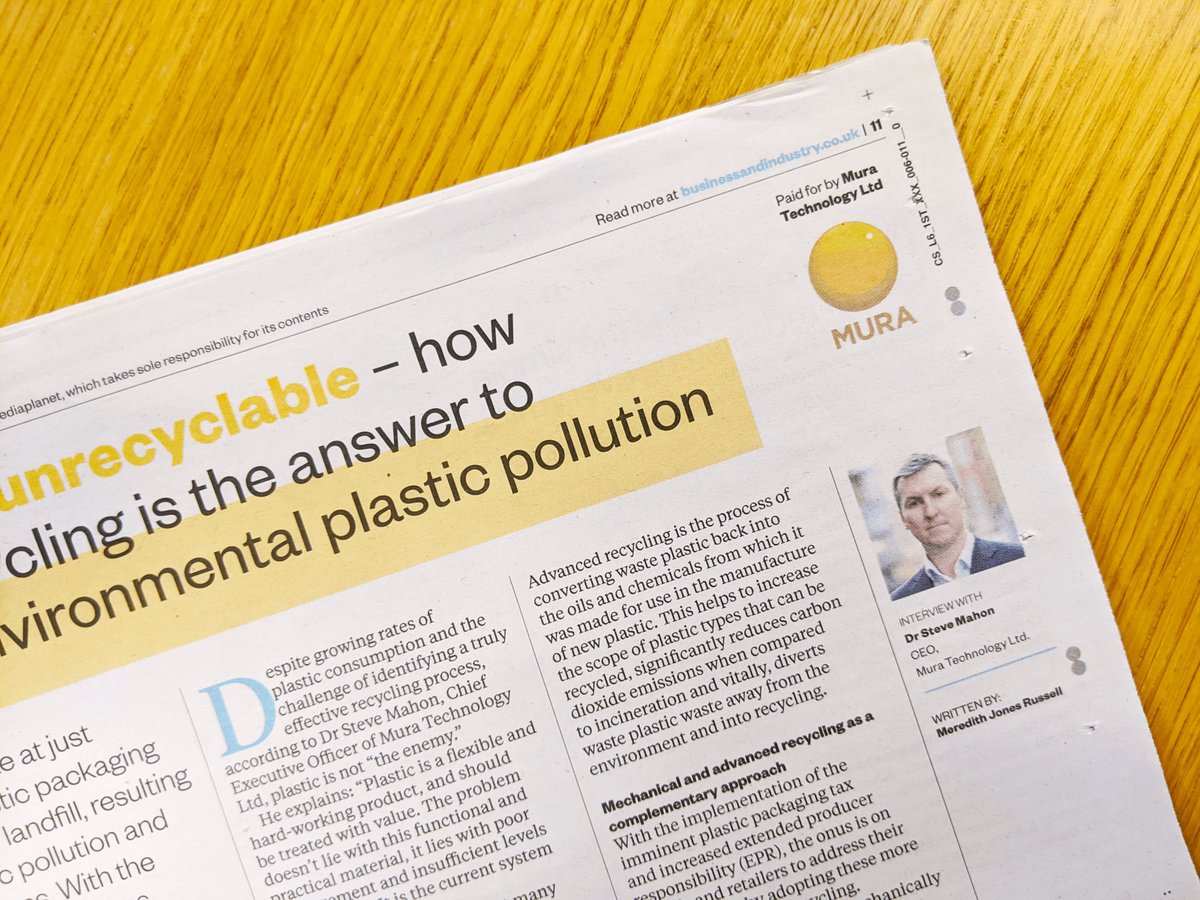 Mura Technology (@muratechnology) on Twitter photo Great to see our CEO Dr Steve Mahon in today's <a href="/guardian/">The Guardian</a> discussing advanced recycling as the solution for recycling plastic packaging.
Also online:
bit.ly/33uur8j
#SustainablePackaging #plastic #plasticpollution #recycling #plasticneutral #sustainability Great to see our CEO Dr Steve Mahon in today's <a href="/guardian/">The Guardian</a> discussing advanced recycling as the solution for recycling plastic packaging.
Also online:
bit.ly/33uur8j
#SustainablePackaging #plastic #plasticpollution #recycling #plasticneutral #sustainability