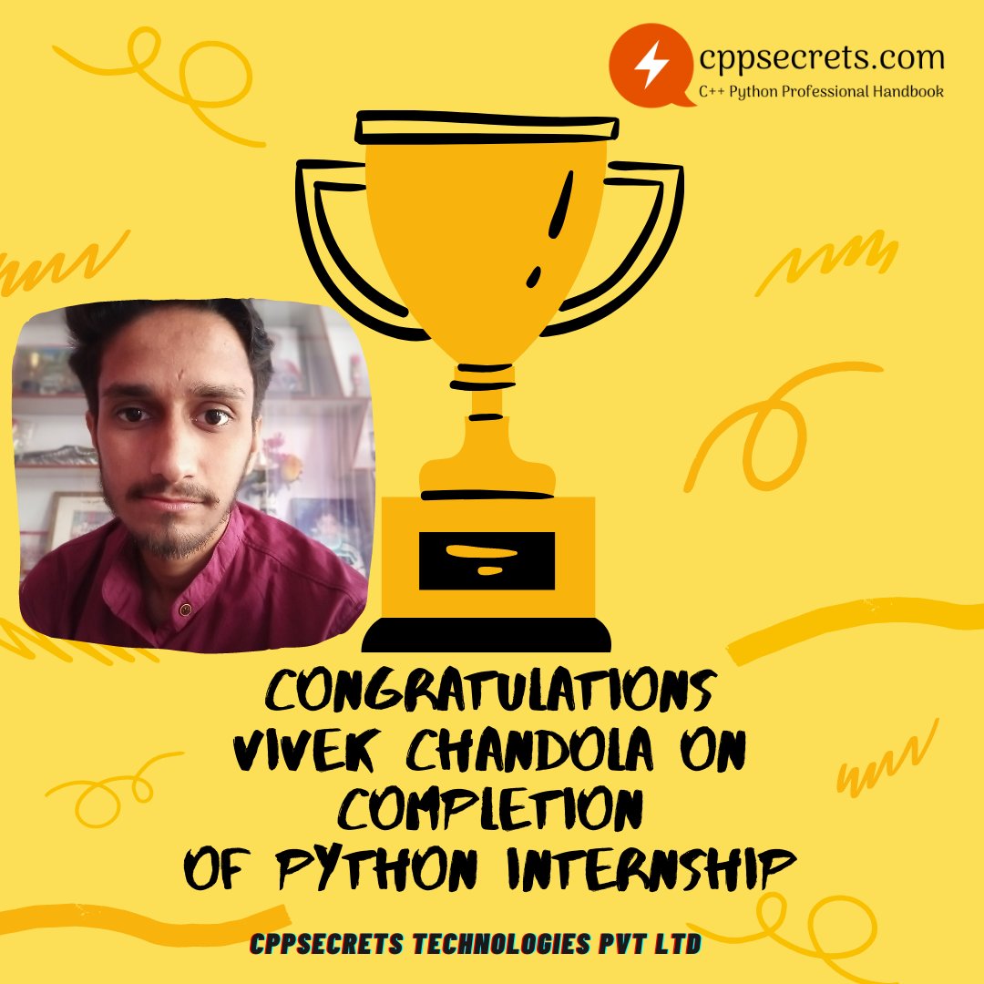 cppsecrets's tweet photo. Congratulations Vivek Chandola On the Completion of the Python Internship from #cppsecrets.

Best of luck for your future ahead

#cppsecrets #python #programming #CppSecrets #Cppsecrets #pythonwaale #pythonexperts #pandas #datascientist #programmer #IMSENGINEERINGCOLLEGEGZB https://t.co/epjfovDbCZ