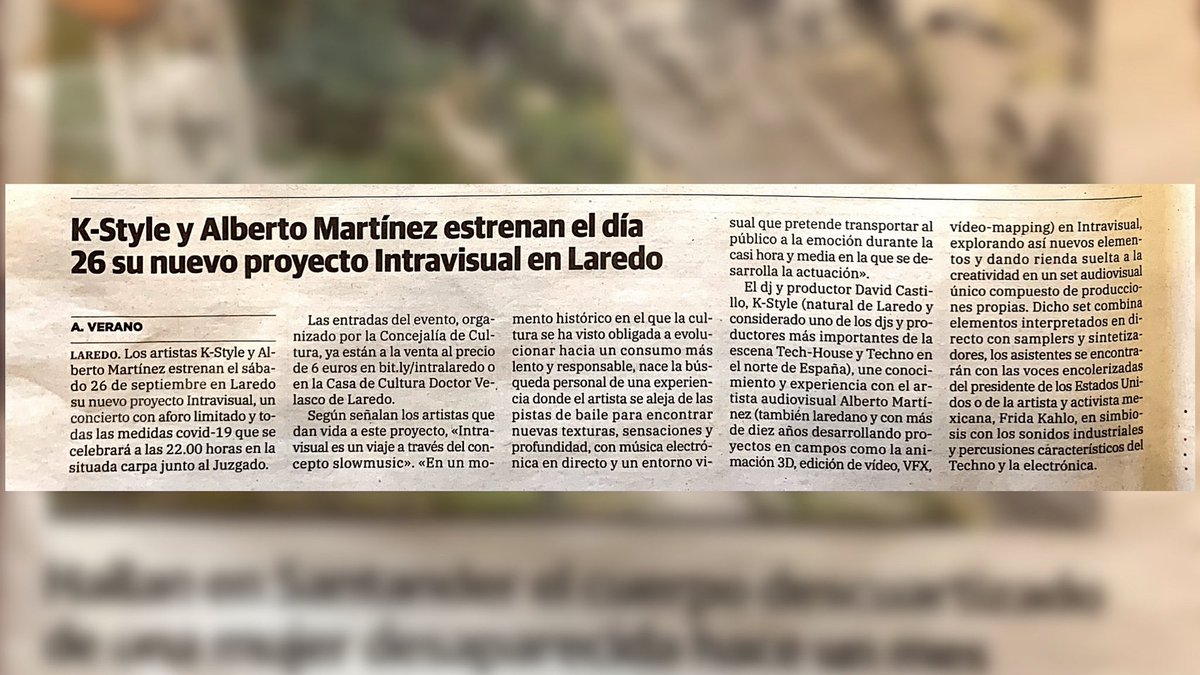 #INTRAVISUAL en los medios, gracias <a href="/dmontanes/">eldiariomontanes.es</a> .

Sábado 26/09/2020 // Estreno en Laredo . Entradas en bit.ly/intralaredo o Casa de Cultura Dr. Velasco.