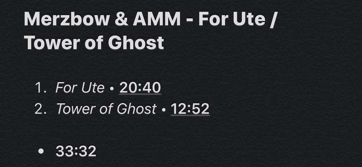26/107: For Ute / Tower of Ghost (with AMM)In this Split in collaboration with AMM, both artists have done one of the both tracks. AMM track is Industrial Ambient and Merzbow track Harsh Noise Ambient. Nothing incredible but nice to see other artists on Merzbow projects.
