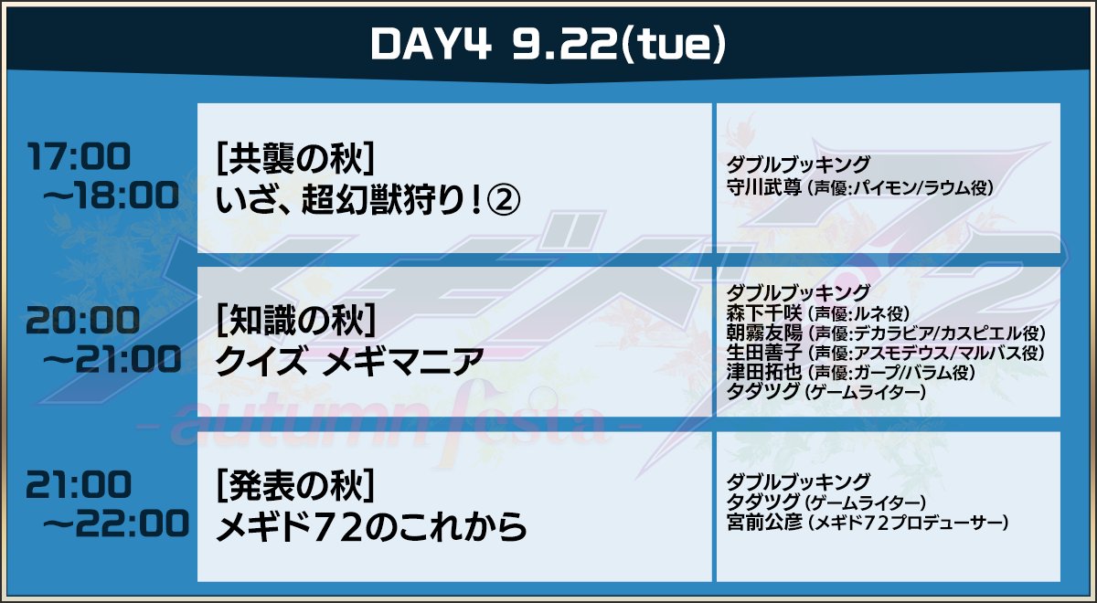 ルネ 公式 メギド７２ メギフェス ついに最終日 ラストスパートをかけますよ 本日9 22 火 の配信スケジュールです 詳細はこちら T Co Oout0uirrn メギド メギド72