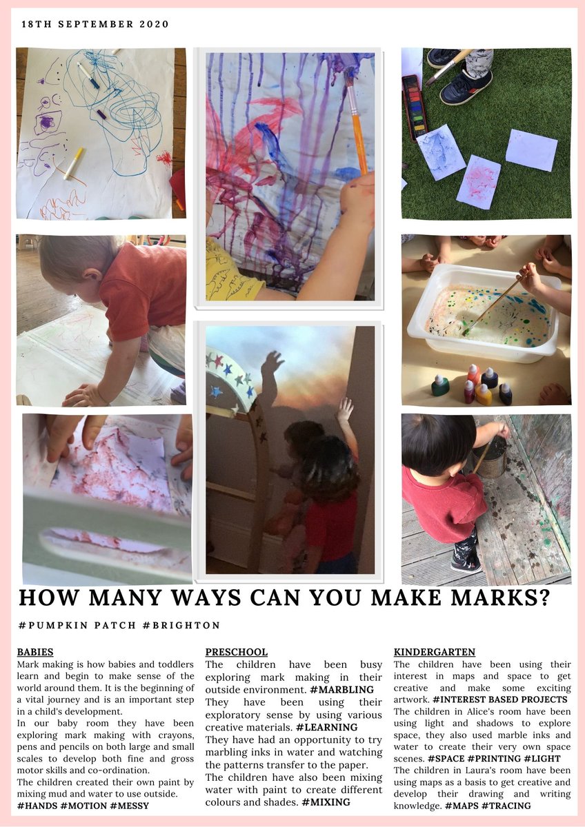 pumpkinpnursery's tweet photo. #HOW MANY WAYS CAN YOU MAKE MARKS? #BABIES #TODDLERS #SCRIBBLES WITH MEANING #HANDS #MOTION #MESSY #MARBLING #LEARNING #MIXING #INTEREST BASED PROJECTS #SPACE #PRINTING #LIGHT #MAPS #WHERE CAN WE GO? #PUMPKIN PATCH #BRIGHTON https://t.co/rO5dlQQONg