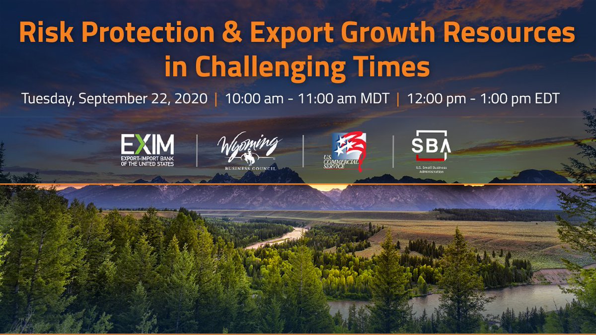 Please join #EXIM, the <a href="/SBA/">SBA</a>, and @USCommercialSvc for a #FREE webinar Tuesday, September 22, 2020, 10 am – 11 am MDT (12 pm – 1 pm EDT). Learn about programs to support and grow your export activities in the face of global uncertainty. bit.ly/2YUBUff