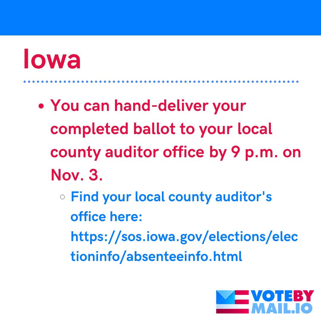Votebymailio's tweet photo. How to return your absentee ballot in person if you ive in Idaho, Illinois, Indiana or Iowa #VoteByMail https://t.co/jaODzqVP2N