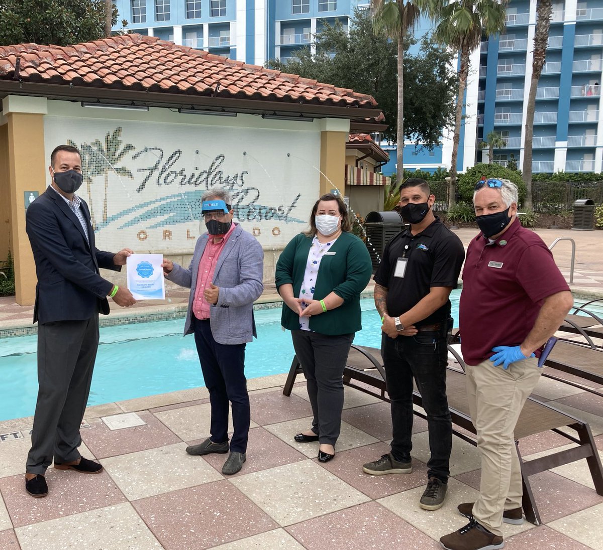 Safehotels's tweet photo. The Grove Resort &amp; Water Park Orlando and the Floridays Resort Orlando are the first hotels in the USA to be CovidClean™ certified!

L: Mauricio Tommasi presents Certification to Rod O'Connor, GM of The Grove Resort. 

R: Mauricio with Cedric Pas, GM and team at Floridays. https://t.co/jD3JUorcKP
