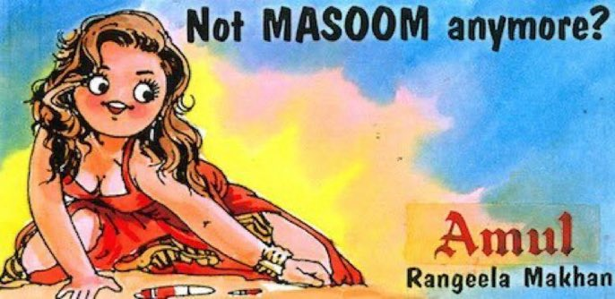 MW_shorts's tweet photo. The ad which is being paddled as Amul's recent take on the fresh controversy is actually from 1995 when Urmila's Rangeela had just come out to acknowledge Urmila's tremendous onscreen journey
#Amul @Amul_Coop #RangeelaWithUrmila https://t.co/pqy0524QYz