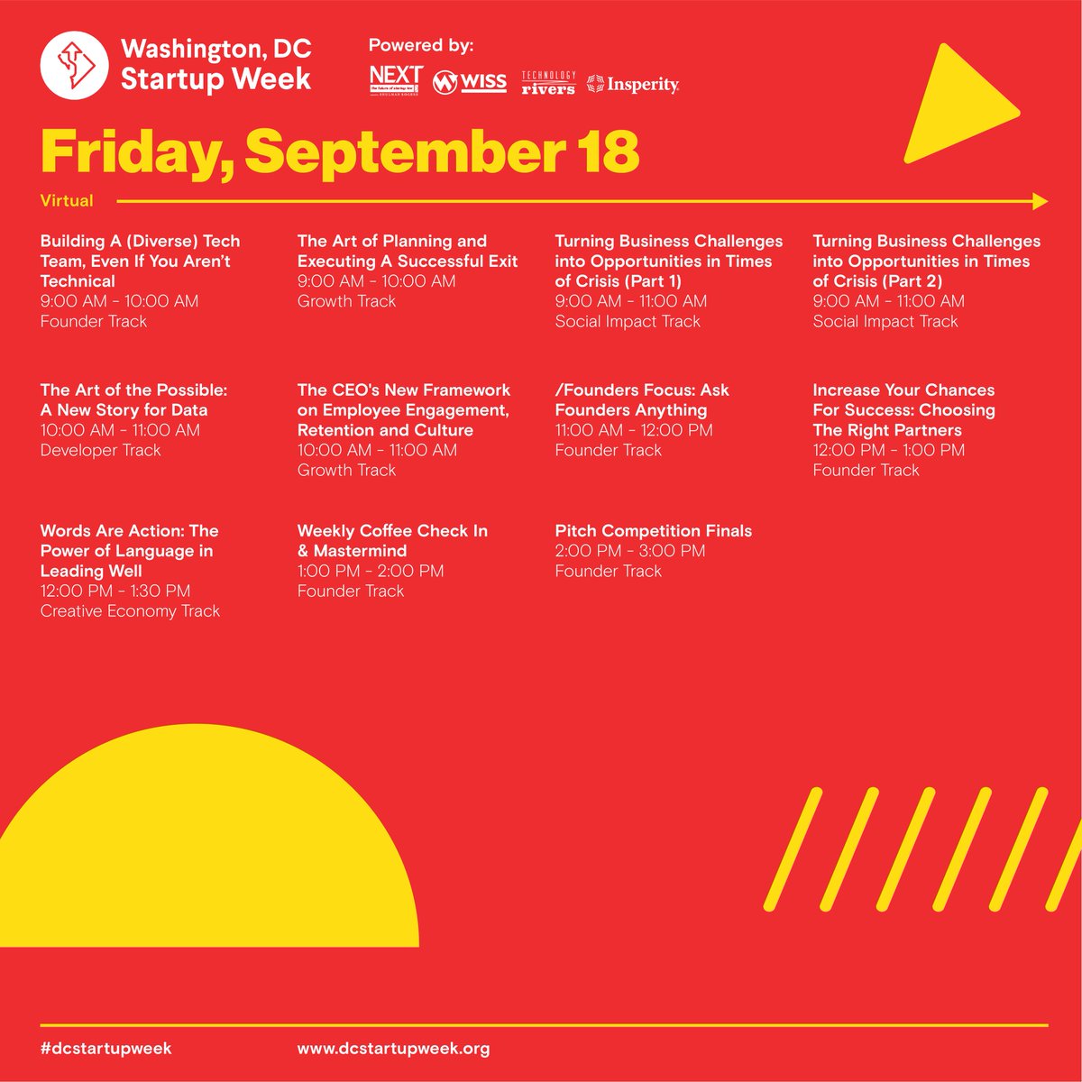 DCstartupweek's tweet photo. We've made it to the last day of DC Startup Week 2020!! 🎉 We have more great talks and our pitch competition today! Comment below we'll see you there! 🥳 #dcstartup https://t.co/HtXue8RfWs