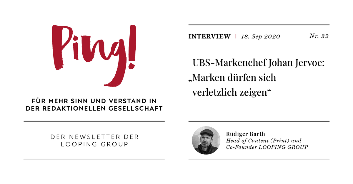 Wie sollten sich Premium- und #Luxus-#Marken in diesen #Krisenzeiten verhalten? Offensiv, mit klarer #Haltung – und verletzlich, sagt der Däne <a href="/johanjervoe/">johan jervoe</a>, CMO der Schweizer Großbank UBS, im aktuellen Ping!-Interview. Jetzt Ping! abonnieren unter looping.group/#newsletterMod…