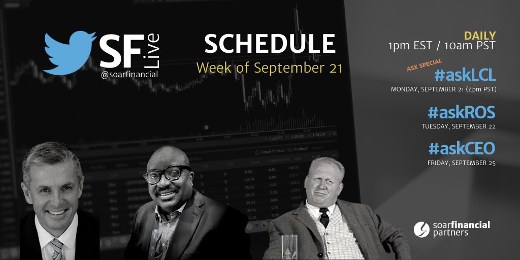 soarfinancial's tweet photo. This week on #SFLive
Monday
Los Cerros Ltd. $LCL.AX $LCL #askLCL
@jason_stir
Tuesday
Roscan Gold Corp. $ROS.V #askROS
@GoldRoscan
Friday
CEO Technician #askCEO
@CEOTechnician
Submit your questions using the assigned hashtag! https://t.co/UdEdTpcaGI