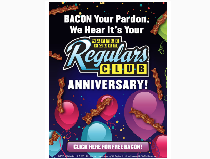 DrFrankBuck's tweet photo. My email just said, "Click here for free bacon." Thank you, @WaffleHouse ! https://t.co/KjaZEjmgS3