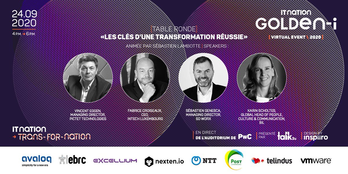 ITnation (@itnation) on Twitter photo Lors de notre table ronde du #goldeni 2020 virtuel, <a href="/veggen/">Vincent Eggen</a> de <a href="/pictettech/">pictettechnologies</a>, <a href="/fXzo/">Fabrice Croiseaux</a> pour <a href="/intech_lux/">InTech</a>, <a href="/SebGen/">Sébastien Genesca</a> de <a href="/SDWorx/">SD Worx</a> et Karin Scholtes pour la <a href="/BIL_LUX/">BIL</a> nous parleront des clés pour une transformation réussie.
Inscription : ➡️ ow.ly/2Z7f50BewIv Lors de notre table ronde du #goldeni 2020 virtuel, <a href="/veggen/">Vincent Eggen</a> de <a href="/pictettech/">pictettechnologies</a>, <a href="/fXzo/">Fabrice Croiseaux</a> pour <a href="/intech_lux/">InTech</a>, <a href="/SebGen/">Sébastien Genesca</a> de <a href="/SDWorx/">SD Worx</a> et Karin Scholtes pour la <a href="/BIL_LUX/">BIL</a> nous parleront des clés pour une transformation réussie.
Inscription : ➡️ ow.ly/2Z7f50BewIv