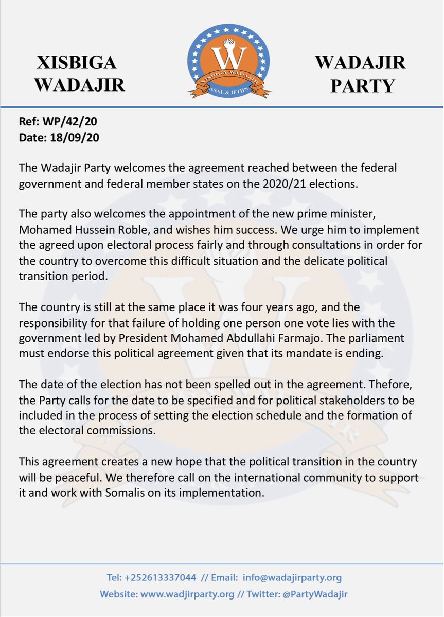 Wadajir Party's Stance on the electoral model Agreement between the Federal Government of Somalia and Federal Member States.