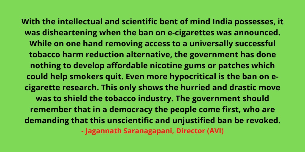 randomobserver's tweet photo. Today marks 1 year since the Govt. of India implemented its ban on #ecigarettes. One cannot but see its hypocrisy. It is time to call a spade a spade. @vapeindia  #BanFail #EndVapeBan #IndiaAlsoVapes https://t.co/rYTB1SlHBH