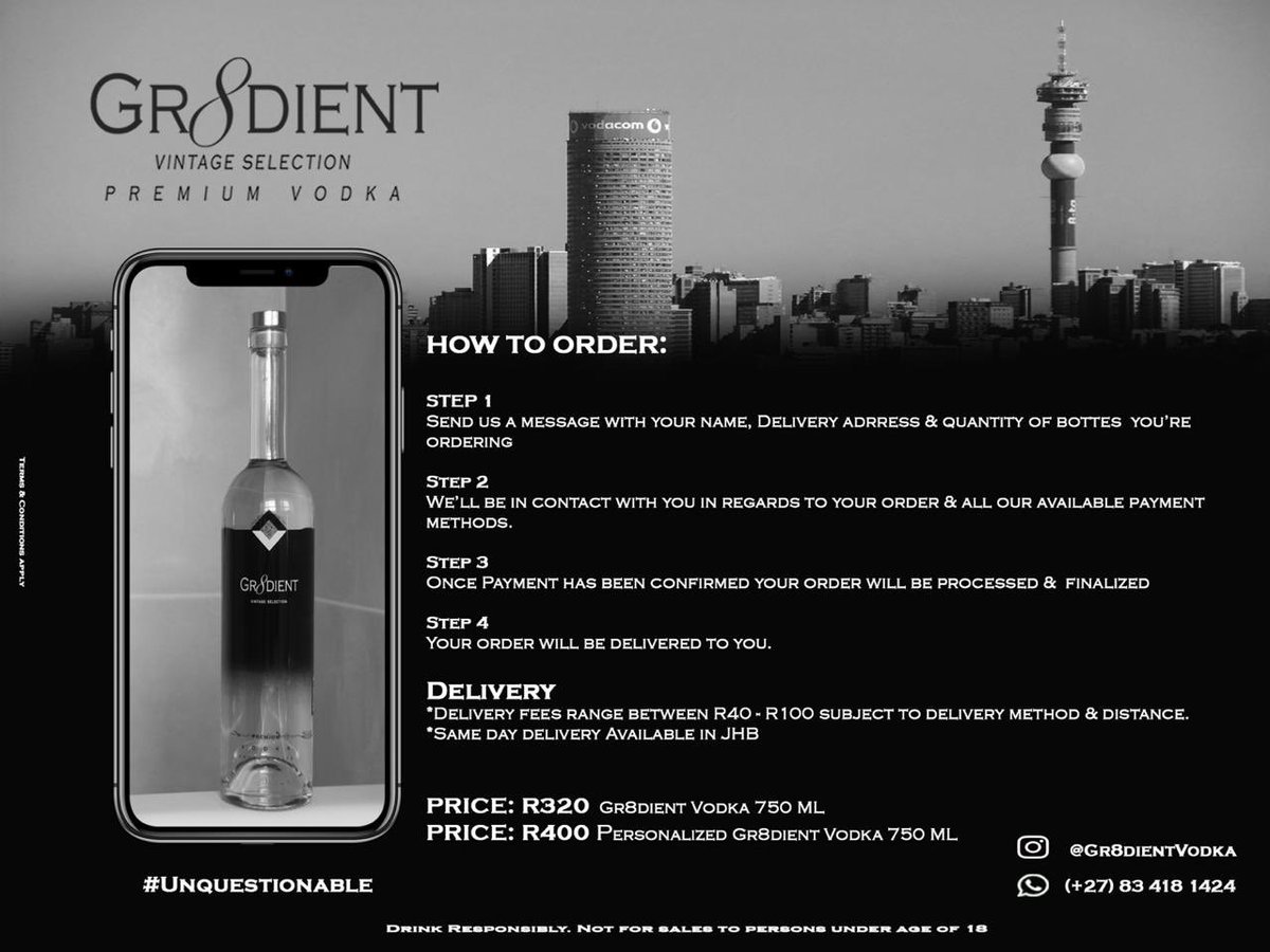 Sakhile_M17's tweet photo. @sindivanzyl Hi Sindi. We’re a premium Vodka brand based in JHB. @Gr8dientVodka has been crafted to perfection by South Africa’s finest craftsman by being put through a rigorous distillation process making our vodka ultra-smooth, bold in character &amp; distinct in taste. #Unquestionable 🇿🇦🍸🍹 https://t.co/gHry8Zhyf8