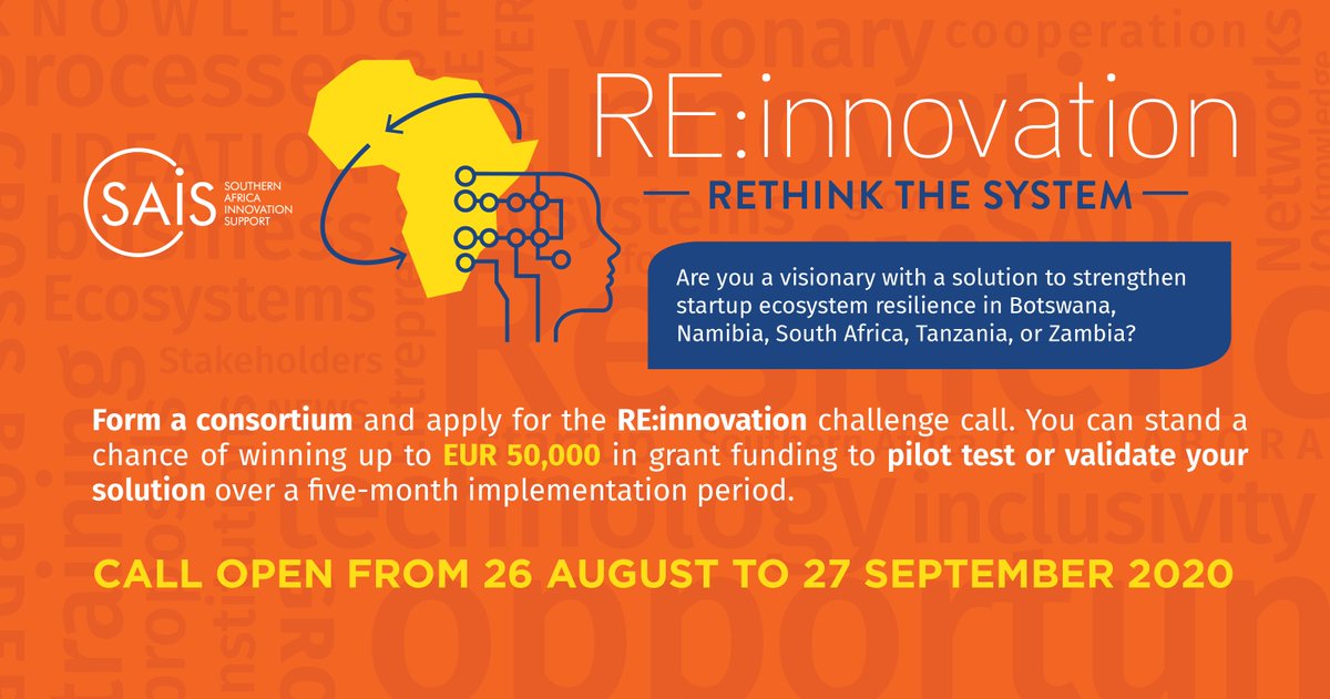 Few more days to go. The RE:innovation challenge call for proposals is is nearing its deadline, 27 September 2020. Go to saisprogramme.org/fund/reinnovat… to find out more or to apply. #SAISREinnovation #InnovateAfrica