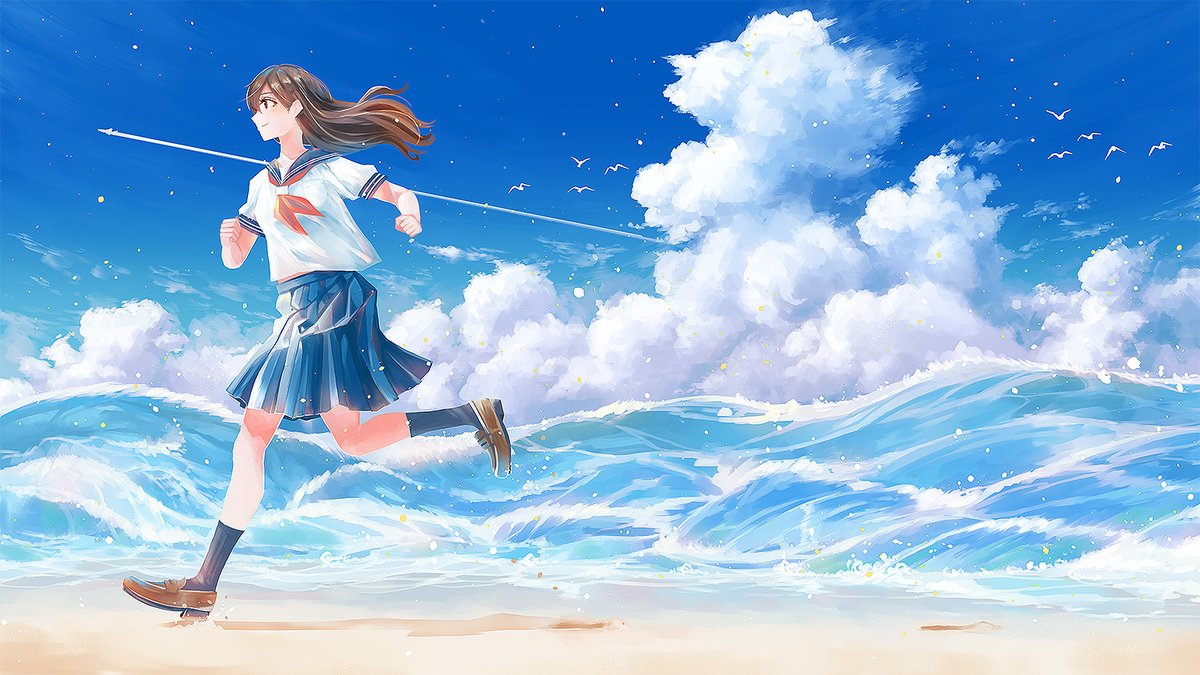 1girl skirt solo running school uniform cloud sky  illustration images