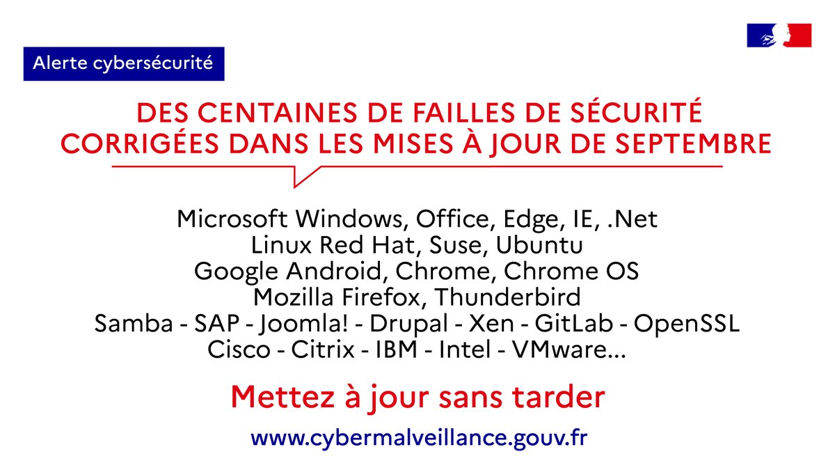 🛡️[#Cybersécurité] Des centaines de #failles de #sécurité corrigées dans les mises à jour de septembre

⚠️Certaines de ces failles sont critiques et utilisées par des criminels

➡️Mettez à jour PC, #téléphones, serveurs... sans tarder !

+ infos <a href="/CERT_FR/">CERT-FR</a> : cert.ssi.gouv.fr/avis/