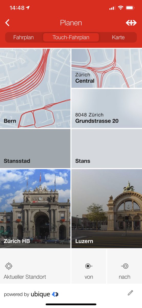 SBB Preview v11.3.0 für iOS!
- Neue Fahrplan-Kachel: Egal ob Standard-, Touch- oder kartenbasierter Fahrplan, wechseln Sie schnell und bequem zu Ihrem Lieblingsfahrplan!
- Optimierungen für iOS 14.