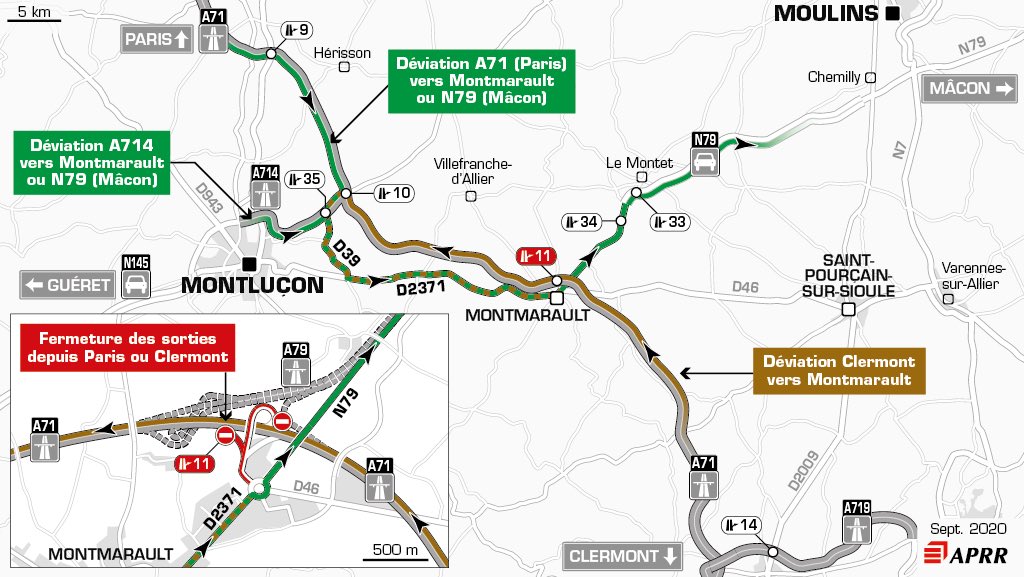 PhLesenechal's tweet photo. 🚧En raison de travaux 🚧, les sorties du diffuseur de #momtmarault depuis #A71 🛣seront fermées du 21/09 au 02/10, suivre la déviation par #A714, @AutorouteINFO @VoyageAPRR @Prefet03 https://t.co/LkgeUTy5En
