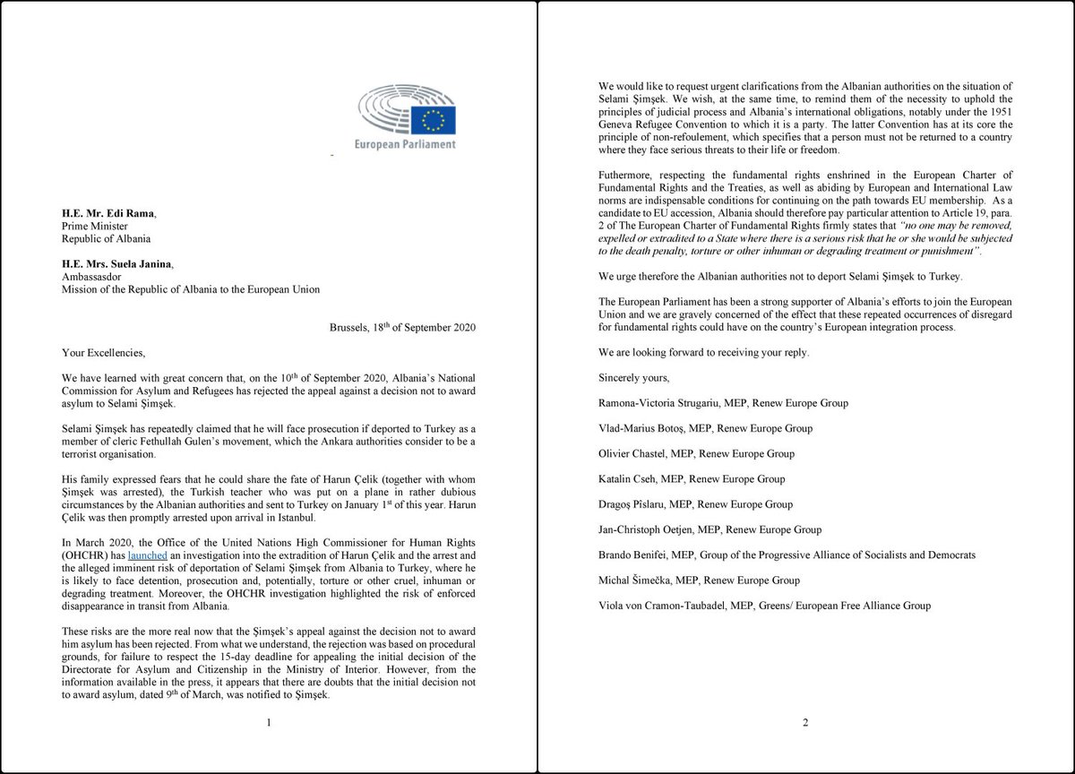 RamonaStrugariu's tweet photo. I initiated w/ VP @botos_vlad &amp; other MEPs a letter addressed to 🇦🇱 PM @ediramaal &amp; @AlMissionEU, urging authorities not to deport #SelamiŞimşek to #Turkey &amp; ensure a fair trial. Repeated occurrences of disregard for HR could have serious impact on #Albania’s integration process. https://t.co/JU2b1znkDq