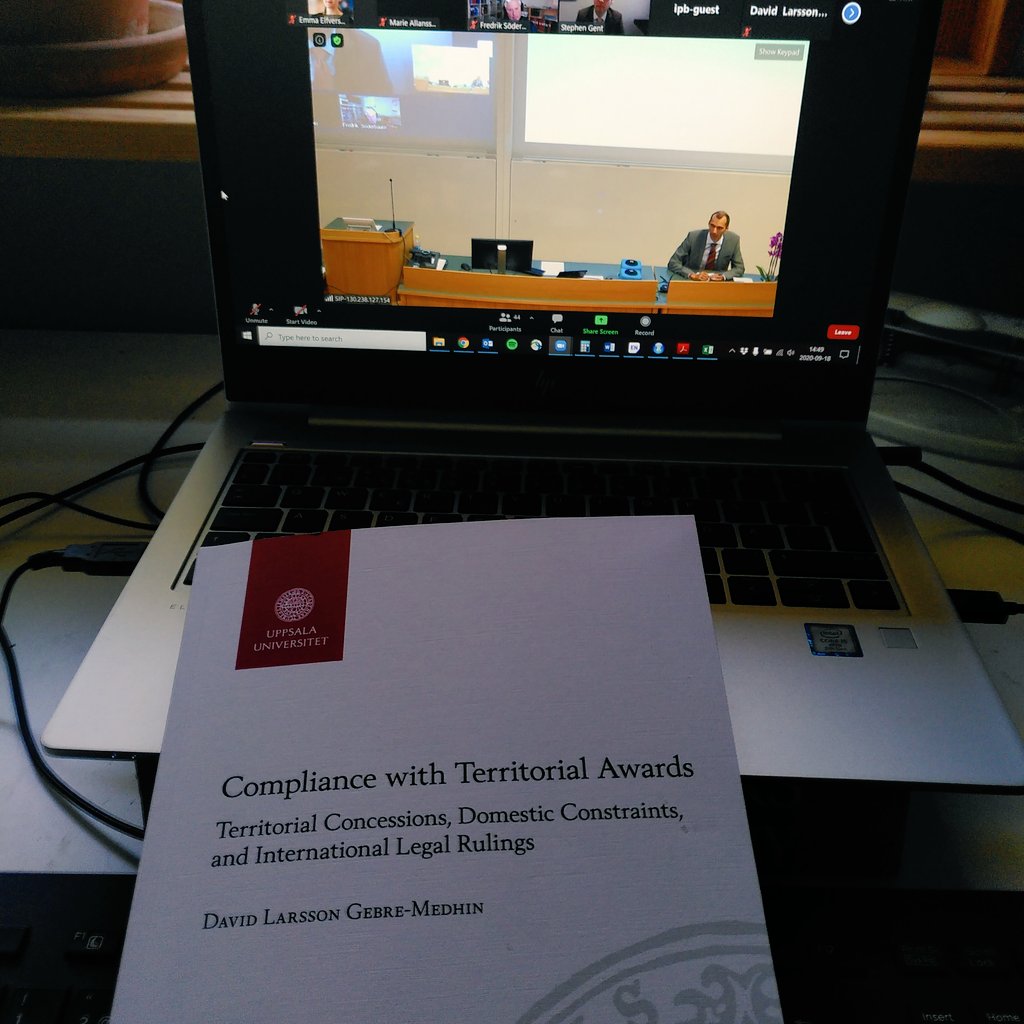 My colleague David Larsson Gebre-Medhin today defends his thesis on compliance with legal territorial dispute resolution. Novel theory and great qualitative evidence from Israel, Nigeria and Ethiopia on how relation between domestic elites shapes this.  <a href="/UU_Peace/">UppsalaPeaceConflict</a>