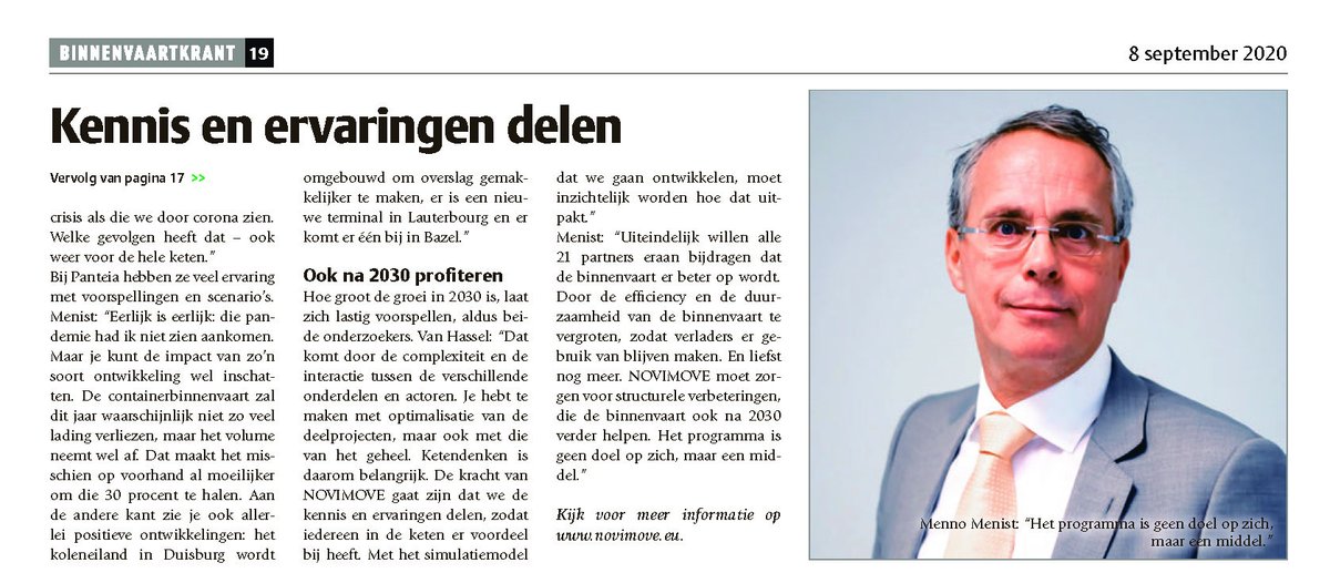 Mooie uitleg van Edwin van Hassel en Menno Mennist in de Binnenvaartkrant over de doelen van NOVIMOVE en de wijze waarop dit H2020 project moet zorgen voor structurele oplossingen die de binnenvaart ook na 2030 vooruit helpen. Ook te lezen via tinyurl.com/yyppnj83