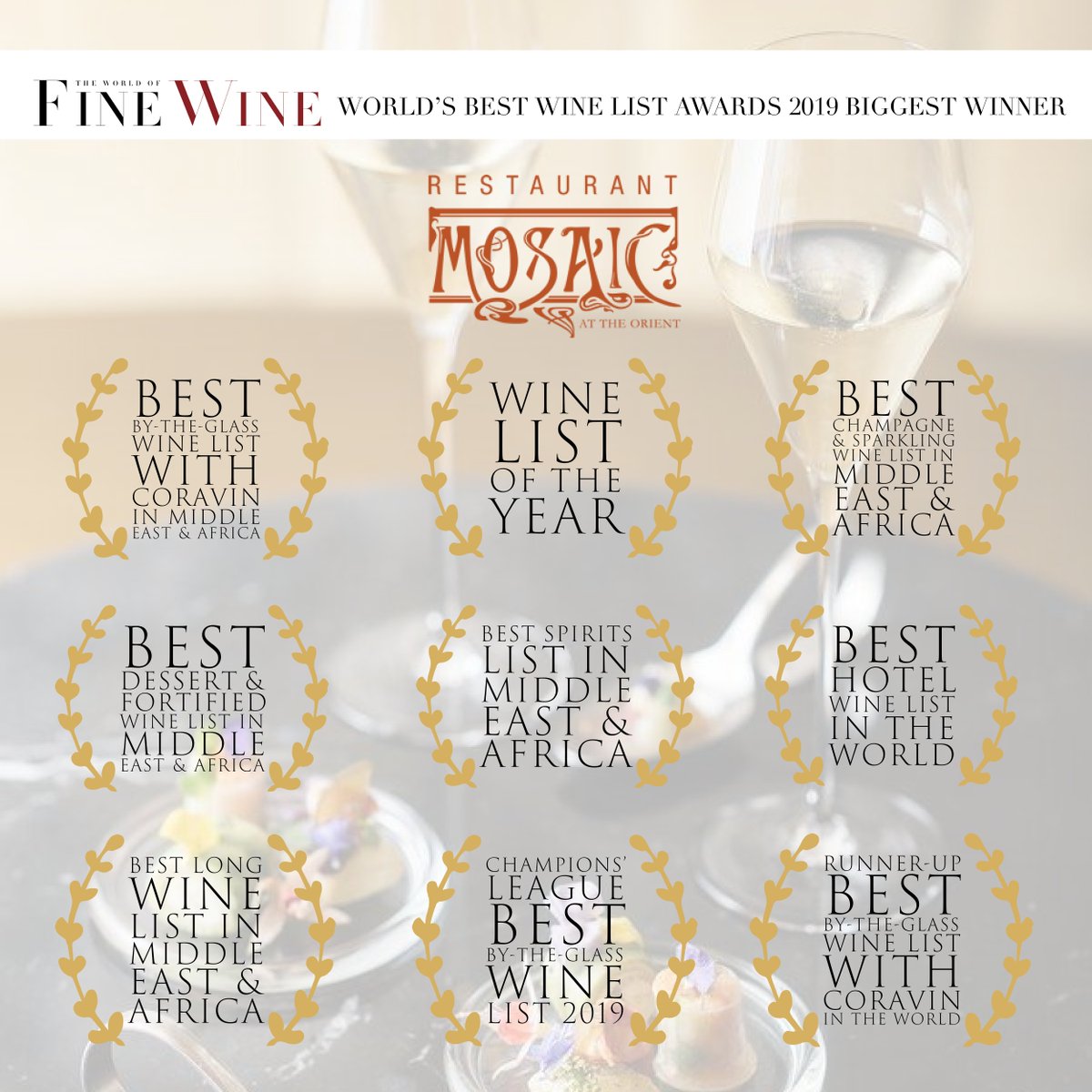 🏆 Restaurant Mosaic at The Orient was the biggest winner of the 2019! Join us November 30th for the virtual award ceremony and find out if your favorite restaurants made this year's winner circle. Register here l8r.it/vy8i @MosaicatOrient #worldoffinewine