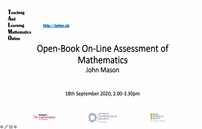 dtoher's tweet photo. Kicking of today's #TALMO session on Open-Book On-Line Assessment of Mathematics with John Mason of the Open University. https://t.co/3DYQIaTE1P