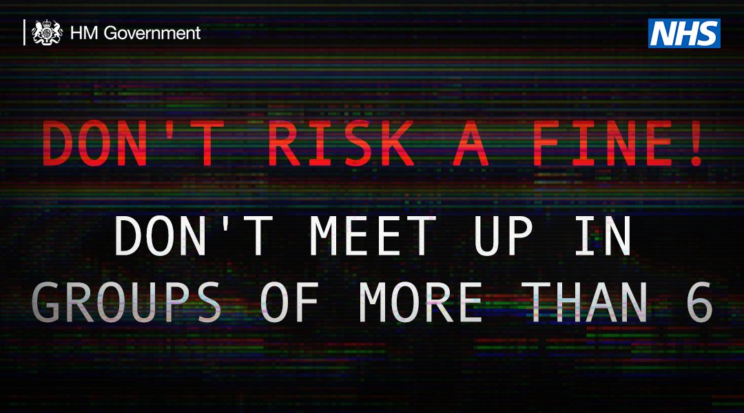 Whether you are inside or outside you must not meet socially in groups of more than six people. The police have the power to disperse or fine anyone breaking the rules. gov.uk/government/pub…