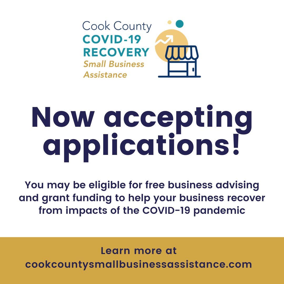 Calling all Cook County small businesses! You may qualify for free business advice or grant funding through the Cook County COVID-19 recovery program.

Click below to learn more!
cookcountysmallbusinessassistance.com