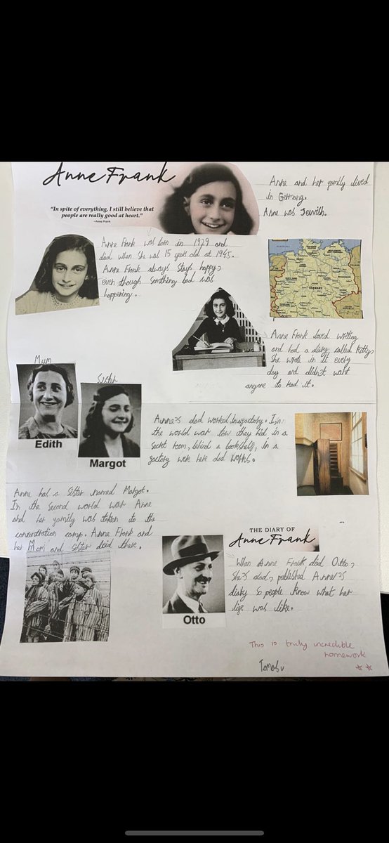 NET_Katherines's tweet image. One of our Y4 pupils excelled with his homework this week. Our classes are named after influential children. He is in Anne Frank Class, whose courage, determination and self belief, we still admire today. I wonder who influences you? #NETAcademies #KPA #AnneFrank #Homework
