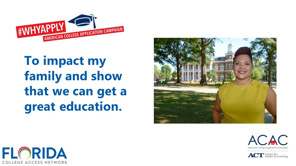 FLCollegeAccess's tweet photo. To celebrate #WhyApplyDay, we at Team FCAN are showing off our school spirit and sharing why we applied to college! Check out what Charleita (our new executive director), Grace, Jo, and John had to say! #ApplyYourselfFL @American_CAC https://t.co/rS8q1HkD2g