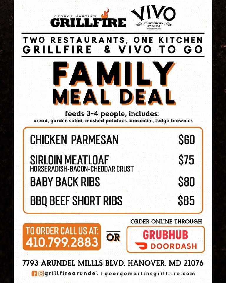Take it easy this weekend and grab a Family Meal Deal for takeout! Give us a call or place your order through GrubHub and DoorDash for delivery!