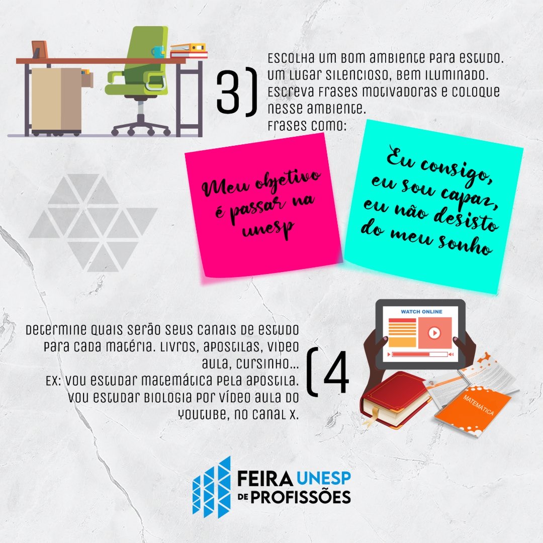 feiraunesp's tweet photo. Antes de iniciar os estudos, é fundamental que você se organize. Organize as matérias que tem que estudar, os dias disponíveis e os melhores horários, aqueles que você tem mais concentração e foco.
Nesse post tem dicas de como organizar os estudos para melhores resultados. https://t.co/DAuirwbYIn