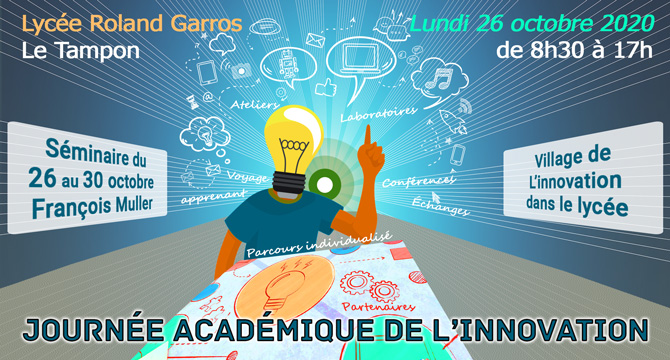 La Journée Académique de l'Innovation organisée par la <a href="/CardieReunion/">CARDIE REUNION</a> et l'<a href="/AcLaReunion/">Académie de La Réunion</a> aura lieu le 26/10 au lycée Roland Garros <a href="/lrg974/">Lycée Roland Garros</a>, avec <a href="/diversifier/">François Muller</a> comme invité d'honneur ! Matinée complète (dans le respect du protocole sanitaire), pour l'après-midi, c'est sur notre site