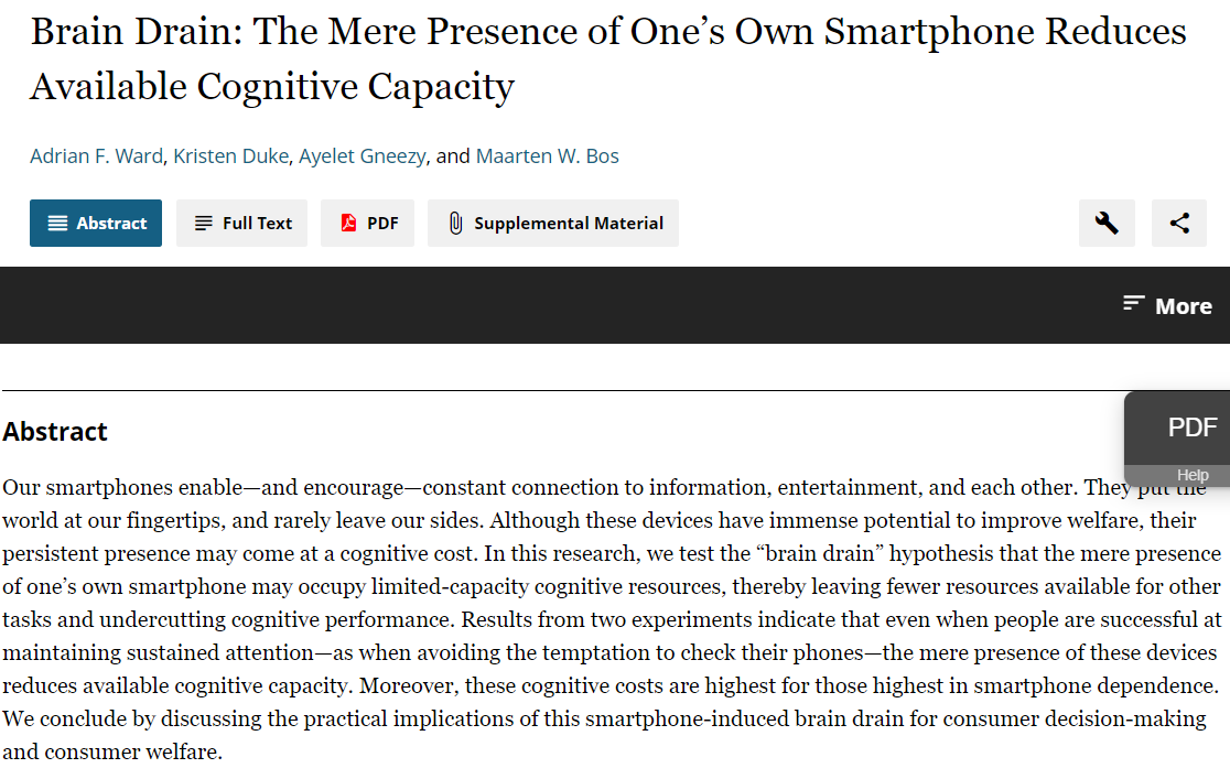 The Mere Presence of One’s Own Smartphone Reduces Available Cognitive Capacity

I've wondered about this for a long time. Good reminder to keep my smartphone in another room while trying to focus.

Via journals.uchicago.edu/doi/abs/10.108…