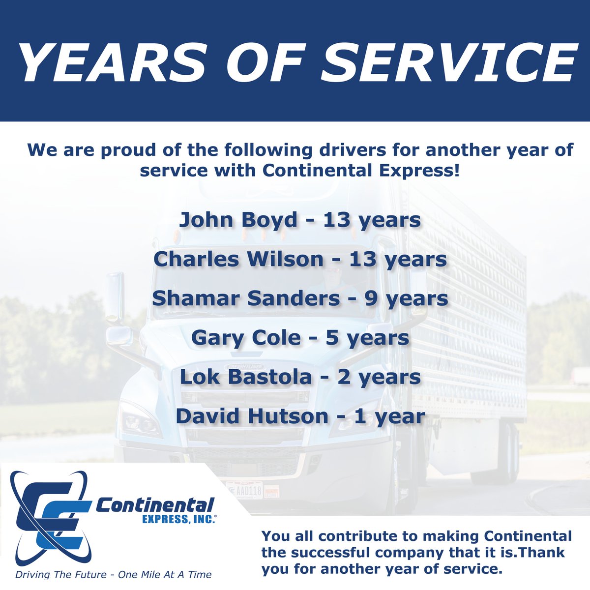 CEIOHIO's tweet image. Congrats to the following drivers for another year of service! Thank you for everything you do!
.
.
.
.
#DRIVE4CE #CE #ContinentalExpress