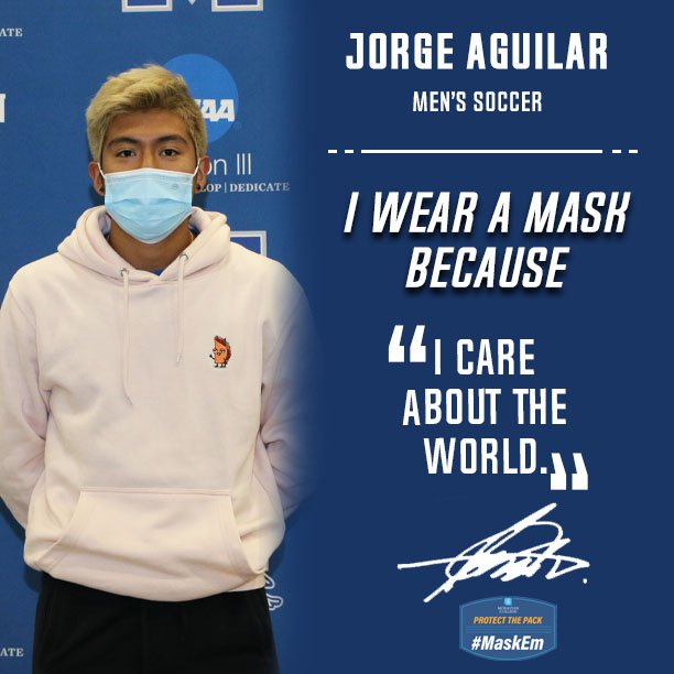 Jorge Aguilar '21 of <a href="/MoravianMSoccer/">Moravian University Men's Soccer</a> wears a mask because he cares about the world. #HoundEm #ProtectThePack #MaskEm