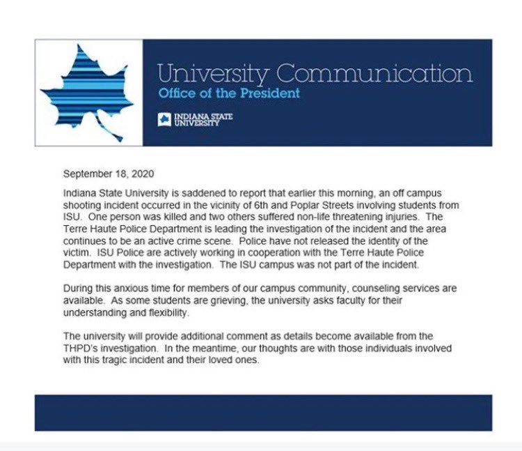 State_ItsOnBlue's tweet photo. Our thoughts are with our Sycamores who are impacted by this tragic event. We implore you that if you know something, #SaySomething #StepUp-!! #ItsOnBlue #ItsOnYou. https://t.co/1qsIjK0DQx