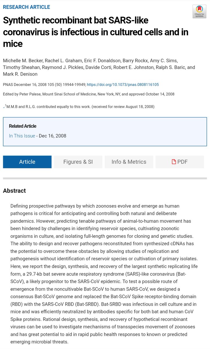 Also, direct evidence that the backbone in these studies was not always a pseudovirus or SARS-CoV, even in 2008.This paper did the reverse: generate synthetic consensus Bat-SCoV, swap in SARS-CoV RBD, test in cells and mice. https://www.pnas.org/content/105/50/19944Grant merely generalized.