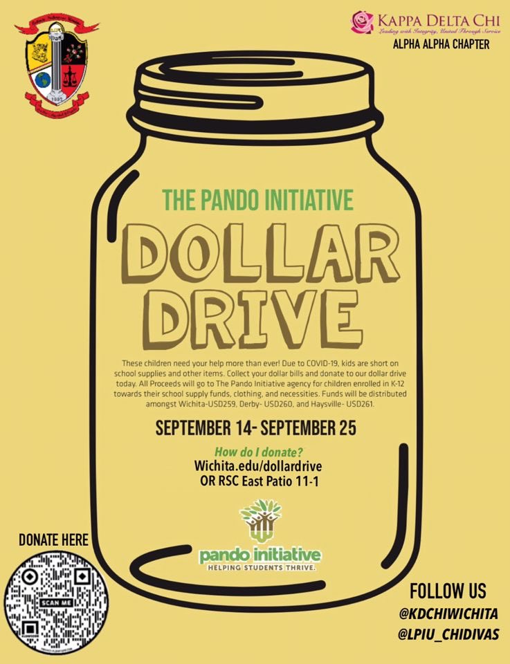 We are taking donations on behalf of The Pando Initiative, which benefits Wichita area schools by providing necessary supplies. We will be tabling outside the RSC today and next week from 11-1, or you can donate at wichita.edu/dollardrive!
<a href="/LChidivas/">Courageous Chi Chapter</a> <a href="/wichitamgc/">Wichita State MGC</a> <a href="/PresidentWSU/">President Richard Muma</a>
