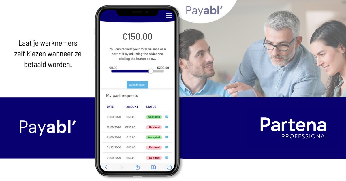 AE_NV's tweet photo. Transforming an innovative idea into a digital solution in only 2 months? Together with Partena Professional we did it! Proud of the launch of Payabl', an application that empowers employees to choose when to receive their salary. Discover it: https://t.co/EslmrqT7Dx https://t.co/8lfPuoz2XZ