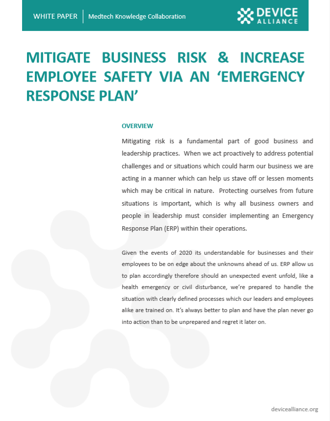 Hot off the presses - we've release our latest white paper publication: 'Mitigate Business Risk &amp; Increase Employee Safety Via An Emergency Response Plan'.  Author Travis N. Smith

Read the full whitepaper at devicealliance.org/white-papers/

#whitepaper #medicaldevice #emergency #plan