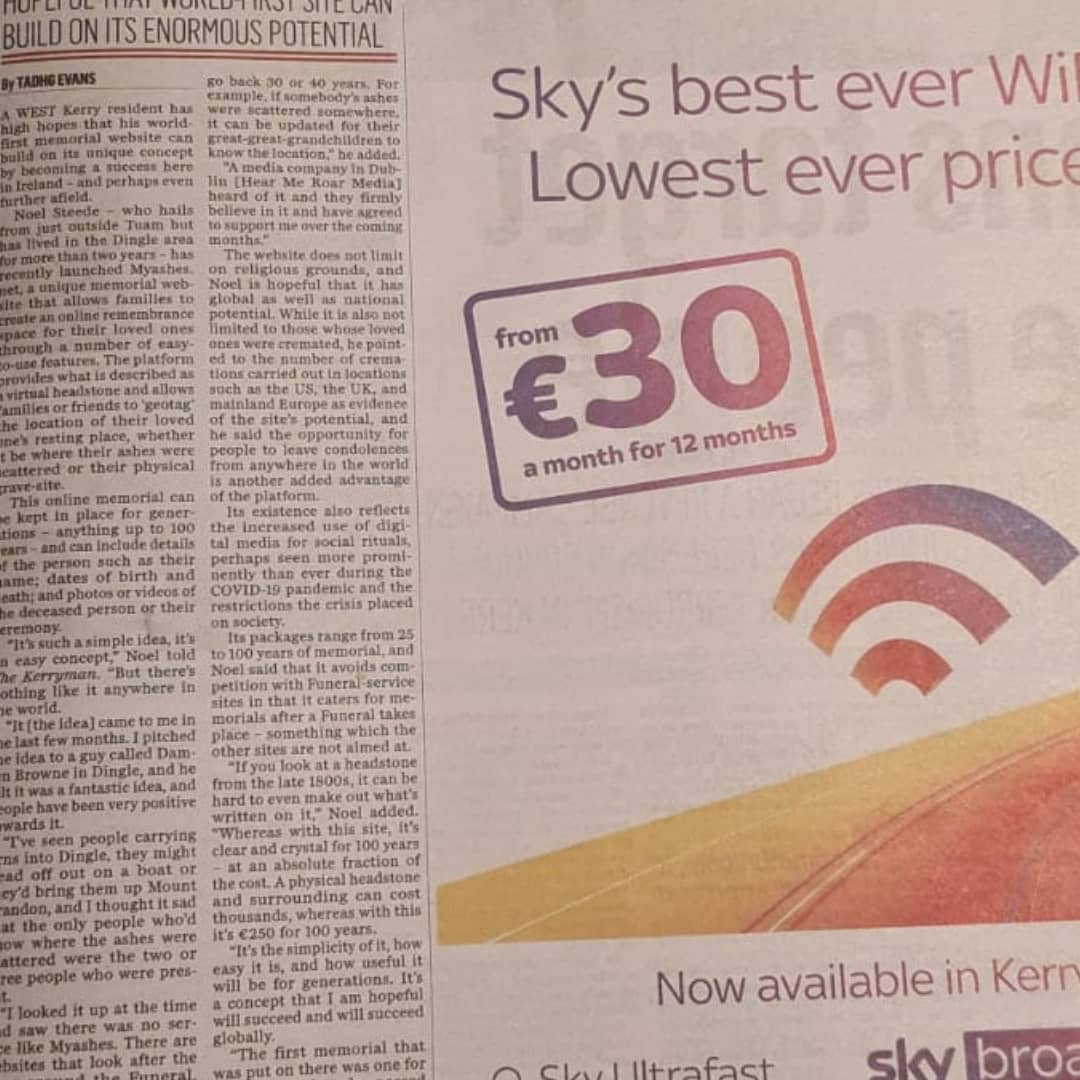Myashes2's tweet image. An insightful and encouraging piece on myashes.net in this week's edition of The Kerryman newspaper. Many thanks to @teabagtadhg for his distinctive wording wizardry. 
#dingle #irishentrepreneur #kerrybusiness #virtualheadstone #cremations #rip #memoriesoflovedones