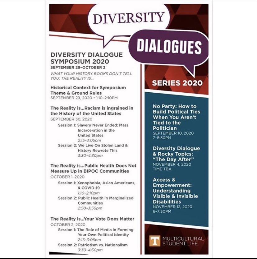 UtkDe's tweet photo. Join us Sept. 29-Oct. 2 for our annual Diversity Dialogue Symposium! This year’s symposium is virtual; to rsvp, click the link in our bio or go to https://t.co/sck49ntJVz https://t.co/pGq8t7k5aK