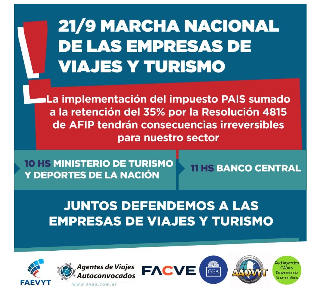 HernanMundo's tweet photo. Bajo el lema #SalvemosalTurismo agentes de viajes, hoteleros y guías se manifestarán este lunes frente al @TurDepAR y al @BancoCentral_AR 
Denuncian que las medidas respecto al #Dolar generarán gravísimas consecuencias para la actividad.
@FAEVYT @agenciasVyT https://t.co/Cin9rI2gWv